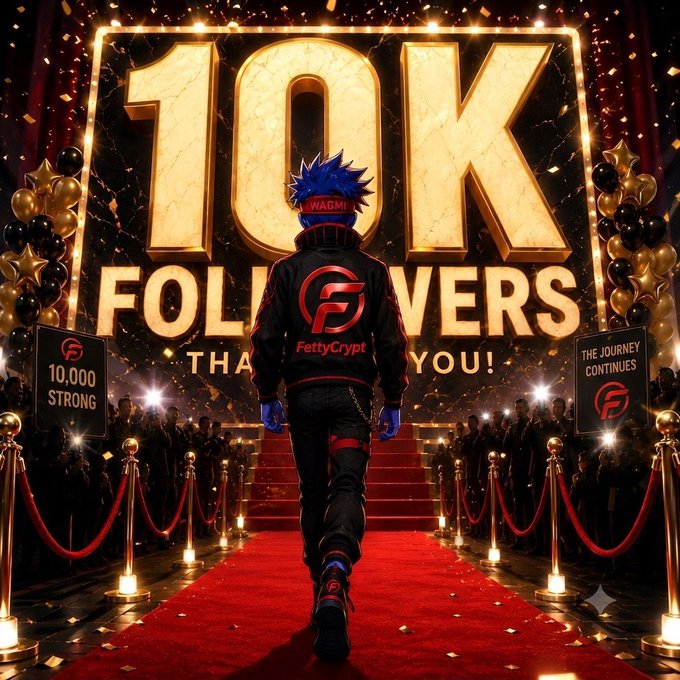 A character walks down a red carpet toward a grand stage celebrating "10K FOLLOWERS" with "FettyCrypt" branding and "WAGMI" text, capturing the excitement of a milestone celebration. The festive atmosphere, complete with gold confetti and a crowd, matches the post's celebration of this achievement in casual pidgin tone.