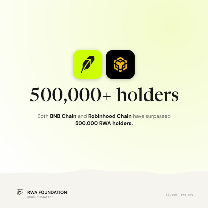 An infographic from RWA Foundation (@RWAFoundation_) stating '500,000+ holders', noting that both BNB Chain and Robinhood Chain have surpassed 500,000 RWA holders, sourced from rwa.xyz.
