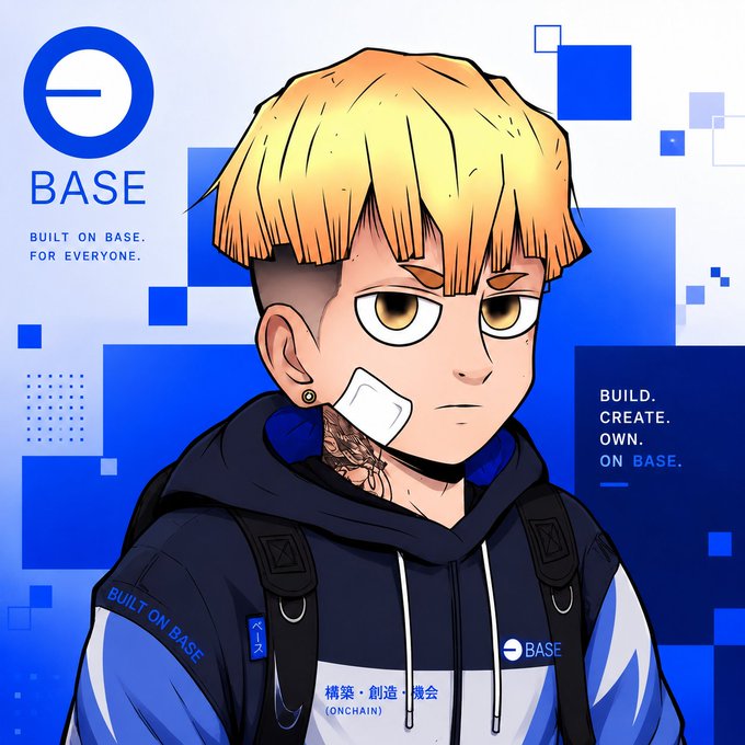An anime-style character with blonde hair and a bandage on his cheek wearing a blue jacket, promoting 'BASE' with the text 'BUILT ON BASE. FOR EVERYONE.' and 'BUILD. CREATE. OWN. ON BASE.'