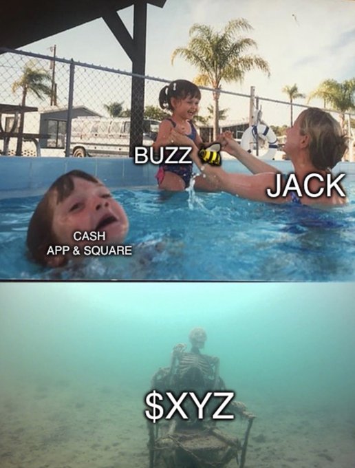 The meme contrasts a drowning child labeled "CASH APP & SQUARE" while children labeled "BUZZ" and "JACK" appear safe, with the submerged "$XYZ" ticker shown as a skeleton underwater—humorously suggesting that Block (formerly Square) is struggling while crypto meme tokens like Buzz and Jack (likely Jack Dorsey's Bitcoin endorsement) remain buoyant.