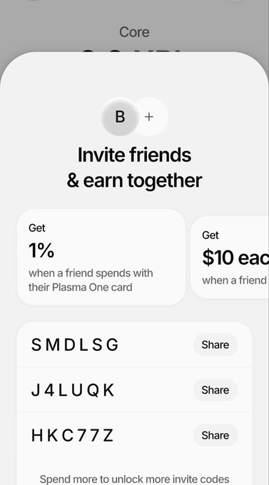 A mobile app referral screen displaying 'Invite friends & earn together' with offers to get 1% when a friend spends with their Plasma One card and $10 each, showing invite codes SMDLSG, J4LUQK, and HKC77Z.