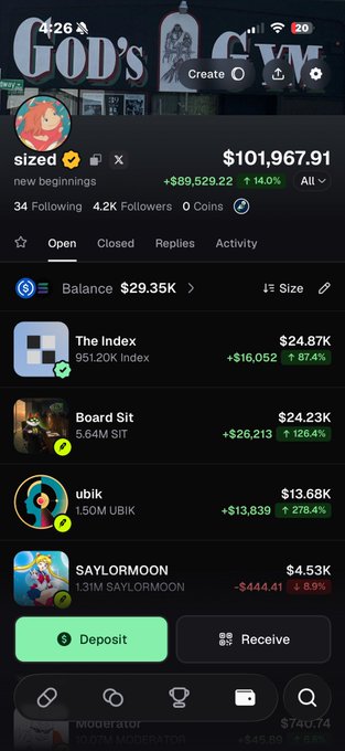 A screenshot of a "sized" crypto portfolio showing a balance of $101,967.91 (+14.0%, +$89,529.22) with holdings in The Index ($24.87K, +87.4%), Board Sit ($24.23K, +126.4%), and ubik ($13.68K, +278.4%), illustrating the post's claim of reaching $100k in 3 weeks while pursuing 7-figure goals.