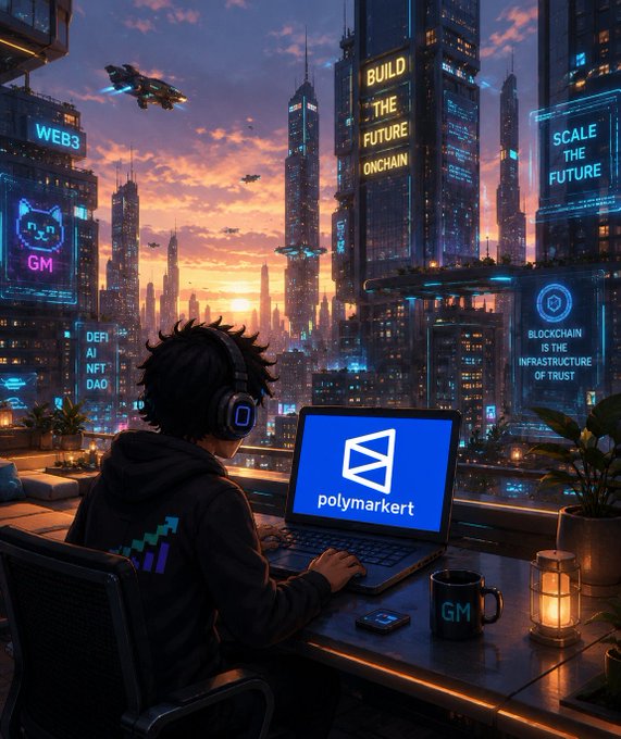 An anime-style illustration of a person with headphones using a laptop displaying the Polymarket logo, overlooking a futuristic cyberpunk cityscape with neon signs reading 'BUILD THE FUTURE ONCHAIN,' 'SCALE THE FUTURE,' 'BLOCKCHAIN IS THE INFRASTRUCTURE OF TRUST,' 'WEB3,' and 'GM.'
