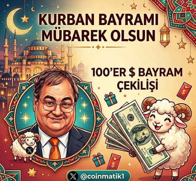 The image features a poster for a contest where an individual has won 100'er BAYRAM. The poster also includes various items, such as $5 bills, sheep, and a lamp. The image includes text that reads "KURBAN BAYRAMI MUBARAKOLSUN", which translates to "I will select 2 of my followers who leave a TRC20 address in this post @grok".