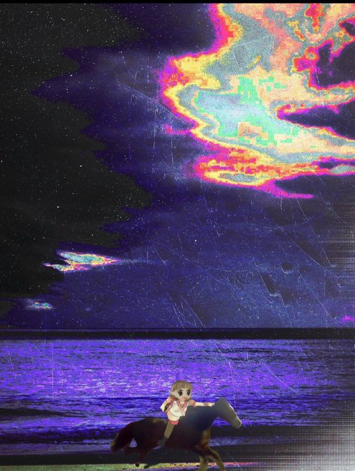 A surreal, glitchy digital artwork featuring vibrant rainbow-colored clouds in a starry sky above a purple beach, with a small dog riding a dark horse in the foreground.