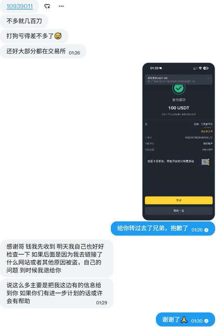A Chinese chat conversation discussing cryptocurrency transactions, showing a screenshot of a 100 USDT payment confirmation.