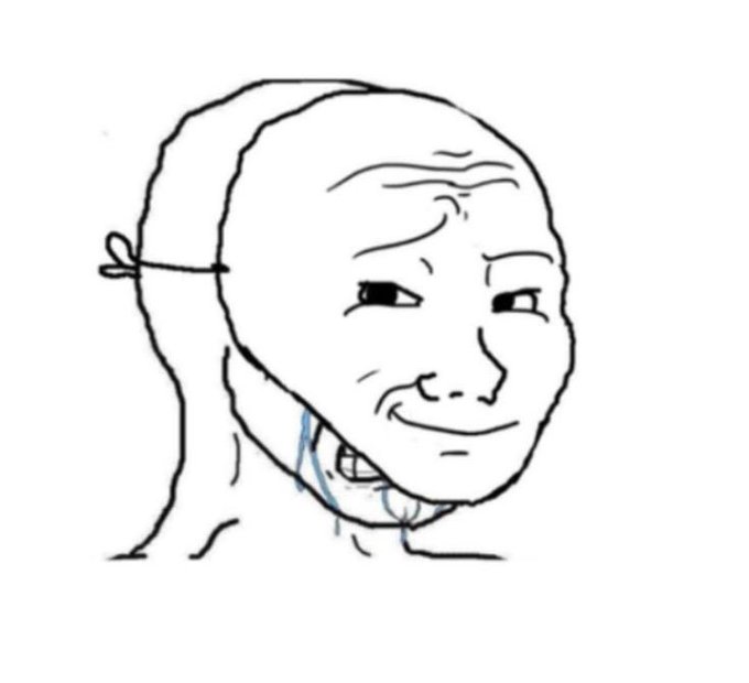 A black-and-white line drawing, popularly known as the 'Wojak' meme, depicting a bald man with a gentle smile wearing a surgical mask tied behind his head.