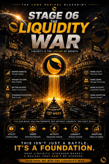 A promotional poster for 'STAGE 06 THE LIQUIDITY WAR' by LUNC ARMY, emphasizing that 'LIQUIDITY IS THE LIFELINE OF GROWTH'. It lists benefits like 'Deeper Markets' and 'More Activity' and ends with 'TOGETHER, WE WIN THE LIQUITY WAR'.