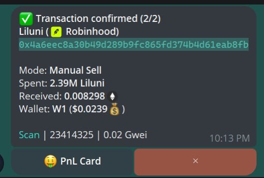 A Telegram transaction confirmation shows a manual sell of 2.39M Liluni tokens on Robinhood for 0.008298 ETH (~$15) at 10:13 PM, which the post laments as a painful early exit just before the token pumped 317x to 1.9M market cap.