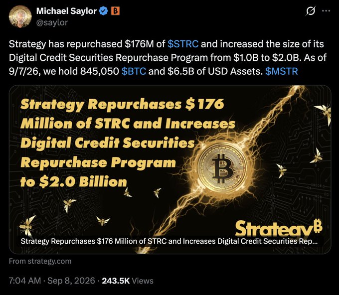 A tweet from Michael Saylor (@saylor) announcing that Strategy has repurchased $176M of $STRC and holds 845,050 $BTC, accompanied by a graphic showing a gold Bitcoin coin.