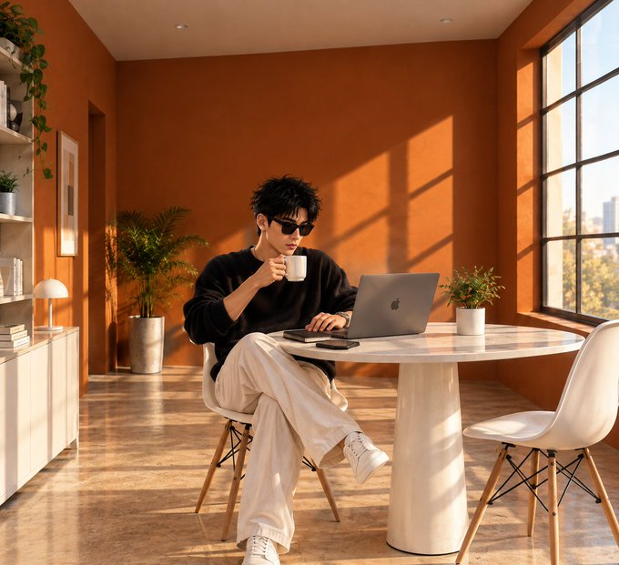 A young man wearing sunglasses, a black sweatshirt, and white pants sits at a round marble table in a sunlit, orange-walled room, drinking from a mug while working on a MacBook laptop.