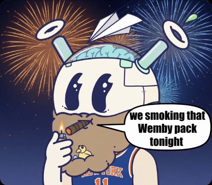 The image features a humorous, illustrated character joking about smoking Wemby_pack, a play on words referring to Wembanyama. The character is depicted holding a lit pipe with a bee resting on it, wearing a New York jersey with the number 11, which could be a nod to the player's team. The speech bubble contains the text, "We smoking that Wemby pack tonight," adding to the playful interpretation of the image. The character's head is shown as a robot, complete with exposed circuits and capsules, and the background is filled with starbursts, giving the scene a dramatic and comic-book feel. This image relates to the caption by using vibrant visuals and clever wordplay to enhance the quirky sentiment expressed in the post.