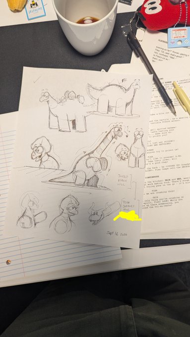 A desk scene featuring a coffee cup, pens, and a sketchbook with character design drawings of a giraffe, dated 'Sept 16 2026'.
