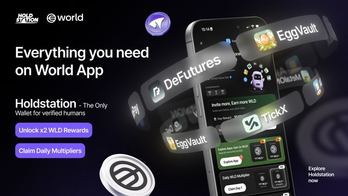 A promotional graphic showcasing the Holdstation app integrated within the World App platform, featuring mini-app partners including DeFutures, EggVault, and TickX, alongside CTAs to "Unlock x2 WLD Rewards" and "Claim Daily Multipliers" with the tagline "Everything you need on World App."