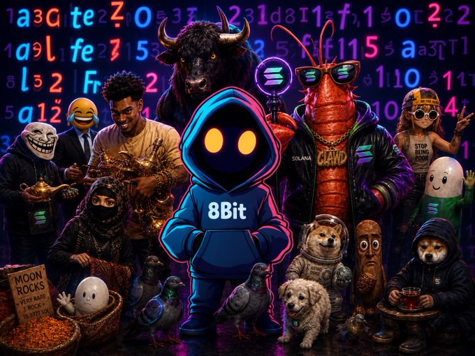 A vibrant digital illustration featuring a central hooded character with glowing orange eyes labeled '8Bit', surrounded by various meme characters including a troll-faced figure, a lobster with sunglasses, a doge in a spacesuit, and a shiba inu astronaut, all set against a background of colorful floating numbers.