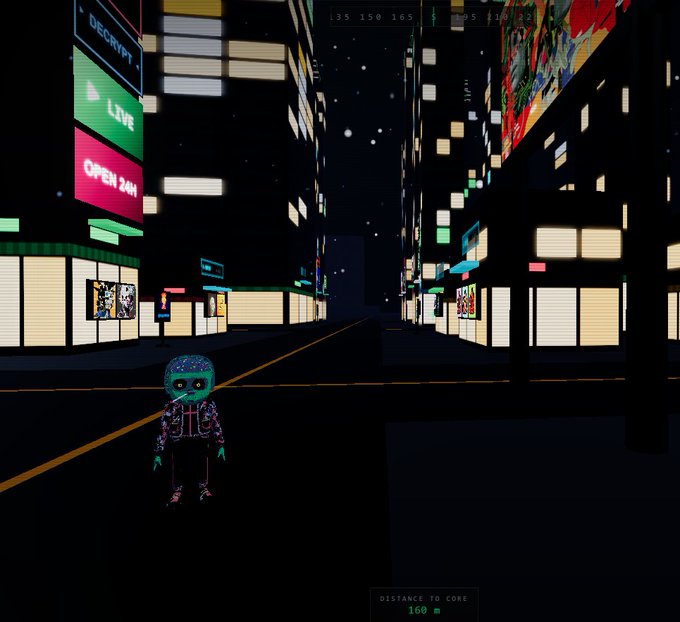 The image features a small green robot with blue eyes standing alone in an empty city street at night, surrounded by tall buildings. The robot appears to be wandering around late-stage city life, possibly exploring or seeking information about the surrounding area. The post seems to be discussing this scene and possibly providing some context or background for the robot's presence in the image.