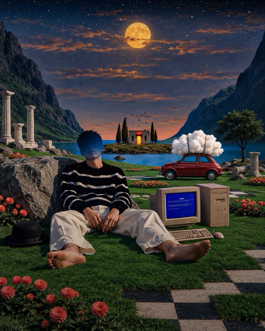 A striped-shirt figure sits barefoot on a lush garden beside a retro desktop PC displaying a "SYSTEM SHUTDOWN" screen, with a tiny red car puffing along a path toward a moonlit coastal scene of columns and an island villa. The grounded pose, bare feet touching real grass amid blooming flowers, and the literal "system shutdown" message playfully answer the "Did you touch the grass?" prompt—celebrating a full digital-to-nature disconnect.