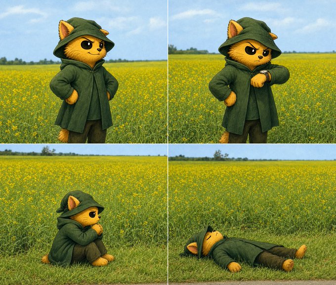 A four-panel image shows a small, cat-like character in a green hooded coat posing, sitting, and lying down in a field of yellow flowers.