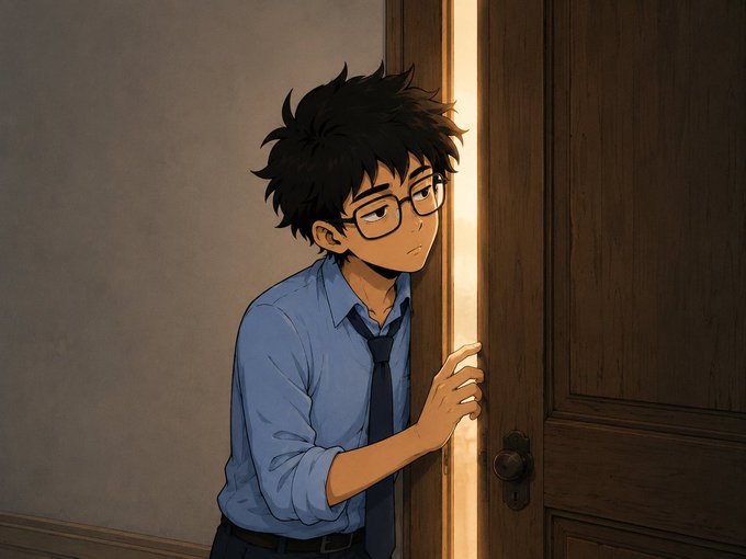 An anime-style illustration of a young man with messy black hair and glasses peeking through a slightly open door with a surprised expression.