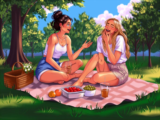 An illustration of two women having a picnic on a pink blanket in a park, with a basket, iced drinks, and bowls of fruit, signed "Juliette" in the corner.