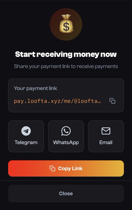 A mobile app screen for receiving payments via a link (pay.1oofta.xyz/me/@1oofta), offering sharing options through Telegram, WhatsApp, and Email.