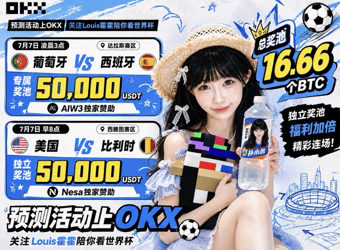 Promotional image for an OKX World Cup prediction event featuring a woman in a straw hat holding a water bottle and a soccer-themed block, with text announcing a 16.66 BTC prize pool and two specific match predictions: Portugal vs. Spain (July 7, 3 AM, 50,000 USDT pool sponsored by AIW3) and USA vs. Belgium (July 7, 8 AM, 50,000 USDT pool sponsored by Nesa).