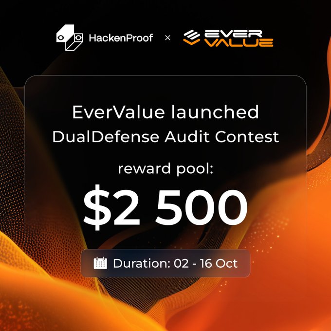 A promotional graphic for HackenProof x EverValue announcing the DualDefense Audit Contest with a $2,500 reward pool running from October 2-16.