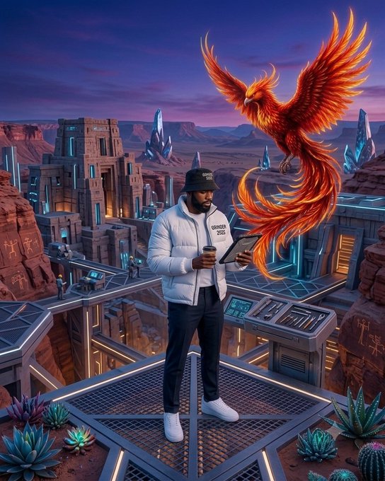 A digital artwork showing a man in a white puffer jacket holding a coffee cup and tablet, standing on a metal platform with a large fiery phoenix behind him in a desert sci-fi cityscape.