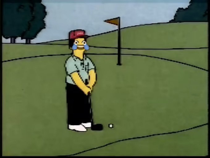 A cartoon character with a mustache and "LAMBO" cap stands at a golf green, holding a putter and ready to take a shot at the ball near the flag. The image humorously ties into the post's message about taking a risk to potentially win big, playing on the idea of golf and rewards.