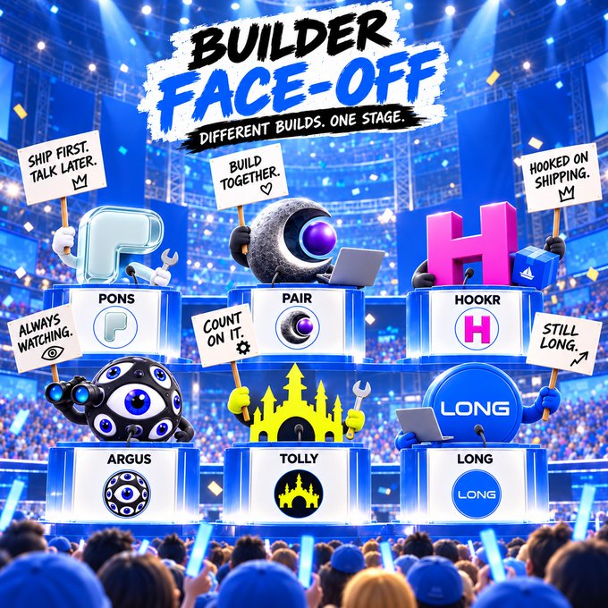 A vibrant tournament-themed graphic titled "BUILDER FACE-OFF" with the tagline "DIFFERENT BUILDS. ONE STAGE," showcasing six cartoon mascots—Pons, Pair, Hookr, Argus, Tolly, and Long—each holding playful signs like "SHIP FIRST. TALK LATER." and "HOOKED ON SHIPPING.," directly tying into the post's challenge of picking a favorite builder among the six featured projects.