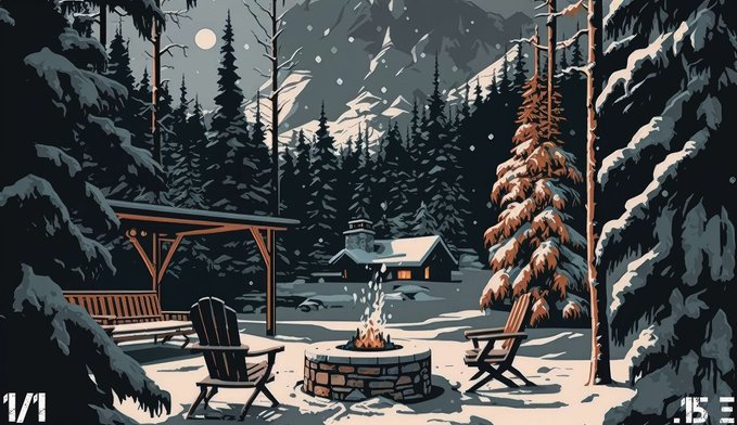 A stylized pixel-art illustration of a snowy winter night scene featuring a cabin, pine trees, a fire pit with Adirondack chairs, and a full moon in the sky.