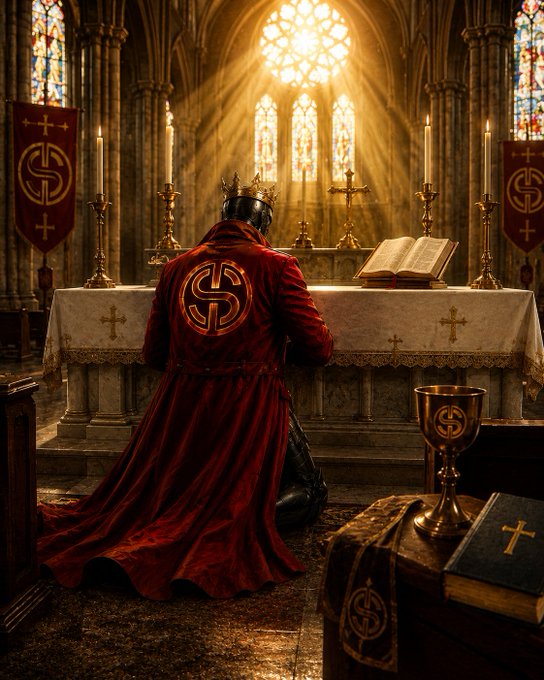 A dark fantasy digital artwork showing an armored figure in a red robe kneeling before an altar in a cathedral, with the robe featuring a circular emblem similar to the Bitcoin 'B' symbol, illuminated by light from stained glass windows.