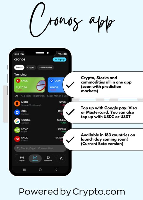 The image shows the Cronos app interface, highlighting its ability to trade Crypto, Stocks, and Commodities, with features like top-up options and broad availability. The accompanying text details the ease of use and features of the Cronos $CRO app.