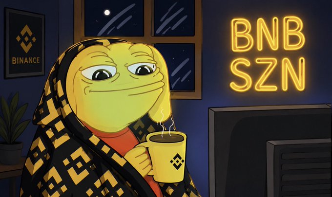 An illustrated Pepe the Frog character wrapped in a Binance-patterned blanket drinks from a mug bearing the Binance logo in a cozy room, with a neon 'BNB SZN' sign glowing on the wall.