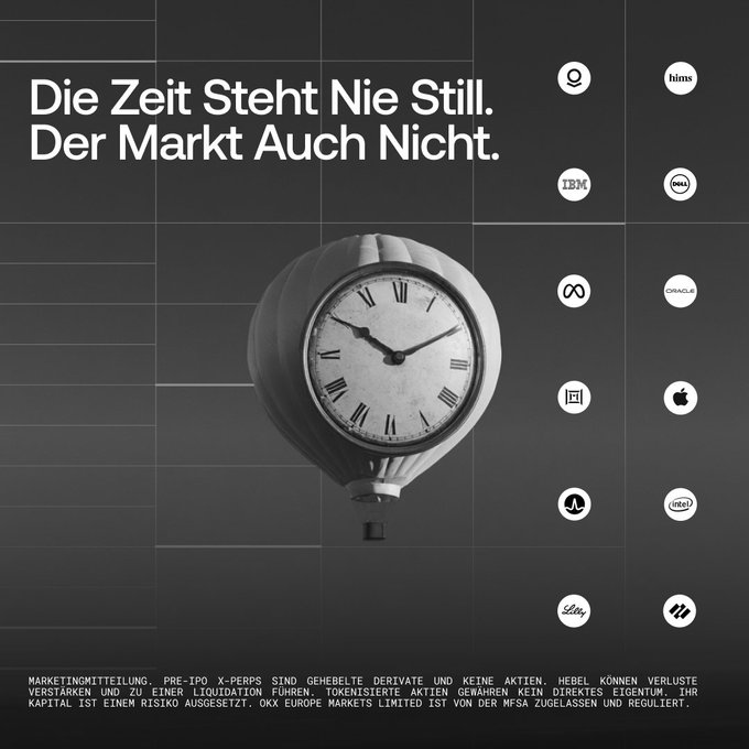 A marketing advertisement in German with the headline 'Die Zeit Steht Nie Still. Der Markt Auch Nicht.' (Time Never Stands Still. Neither Does the Market), featuring a hot air balloon shaped like a clock and various stock tickers including IBM, Dell, Oracle, Apple, and Intel.