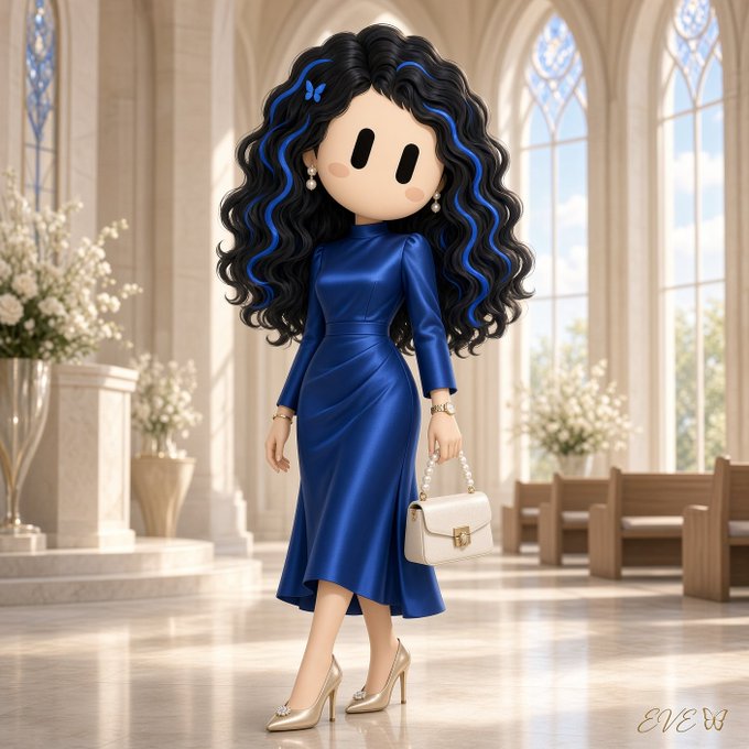 A 3D-rendered cartoon figure of a woman with long curly black hair streaked with blue, dressed in a satin blue dress and holding a white handbag, standing in a chapel-like setting.