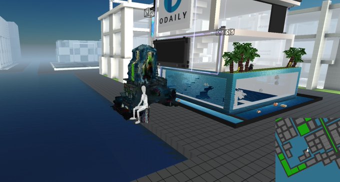 A low-poly 3D virtual environment shows a building labeled 'ODAILY' with a pool, palm trees, and an underwater statue nearby, alongside a white silhouette figure and a mini-map interface.