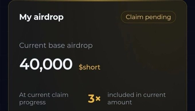 A dashboard titled "My airdrop" displays a pending claim status with a "Current base airdrop" of 40,000 $short tokens, noting that the claim at current progress yields a 3x multiplier included in the amount. The image illustrates the potential reward from the airdrop promoted in the accompanying post, which directs users to check eligibility and claim $short tokens via the provided link.