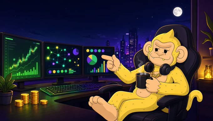 A cartoon monkey wearing headphones lounges in a chair at a desk with crypto charts, stacked coins, a mug, and a nighttime city view outside.