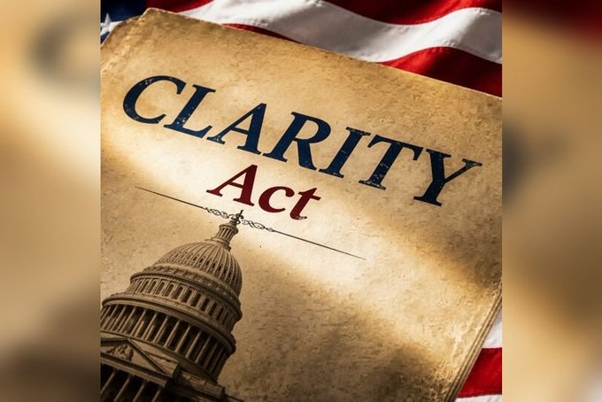 Parchment-style document titled 'CLARITY Act' placed over an American flag with the U.S. Capitol dome visible at the bottom.