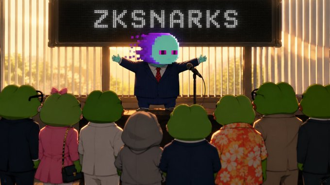 An animated scene shows a figure with a purple pixelated head standing at a podium with arms outstretched, under a 'ZKSNARKS' sign, addressing an audience of green frog-like characters.
