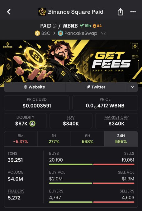 A Binance Square Paid token page showing the PAID/WBNB pair with a price of $0.0003591, $340K FDV, and 'GET FEES' promotional banner.
