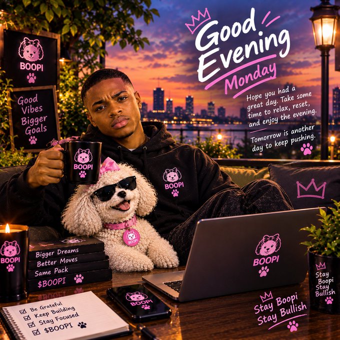 A promotional image featuring a young man in a black 'BOOPI' hoodie sitting with a small white dog wearing sunglasses and a matching 'BOOPI' collar, surrounded by branded merchandise and text reading 'Good Evening Monday' and 'Stay Boopi Stay Bullish'.