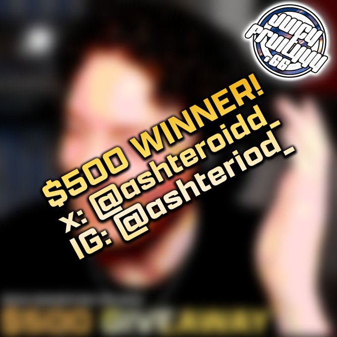 A blurry image of a person yelling, overlaid with text announcing a '$500 WINNER!' and displaying social media handles '@ashteroid_' for X and Instagram, alongside a 'WMIPU' logo.
