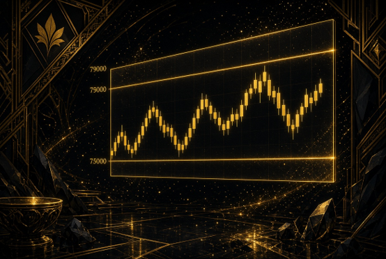 A stylized digital illustration featuring a golden candlestick chart displayed on a floating screen, with price levels ranging from 75000 to 79000 against a dark, ornate background with decorative elements.