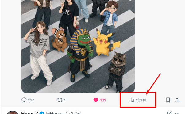 An Instagram post showing a group of people cosplaying as Pokémon characters (including Pikachu and what appears to be a Pharaoh-themed character) crossing a street, with a red arrow pointing to the view count of '101 N'.