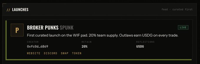 A screenshot of the "LAUNCHES" feed on the WIF pad displays "BROKER PUNKS $PUNK" as the first curated launch, noting a 20% team supply, USDG reflections, and showing the contract address 0xfc8d...6869. The post celebrates $PUNK being live on RobinWifHat (robinwifhat.com/launchpad) and recommends the launchpad to creators wanting to launch a token, sharing the token's 0x3097bDAa4e08b1efF80C32761C0a55Fb0efC96ff contract address.