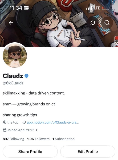 An X (Twitter) profile for 'Claudz' (@0xClaudz) with a cartoon avatar, bio about 'skillmaxxing - data driven content' and 'growing brands on ct', showing 1.9K followers.