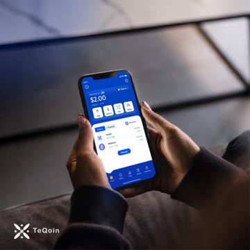 A person holds a smartphone displaying the TeQin app with a $2.00 balance on a blue interface, with the "TeQin" logo visible in the corner.