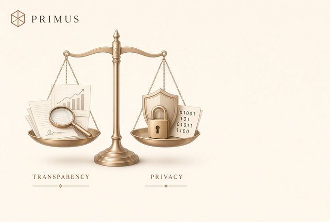 A graphic by Primus showing a balance scale weighing 'TRANSPARENCY' (documents, magnifying glass, charts) against 'PRIVACY' (shield, padlock, binary code).